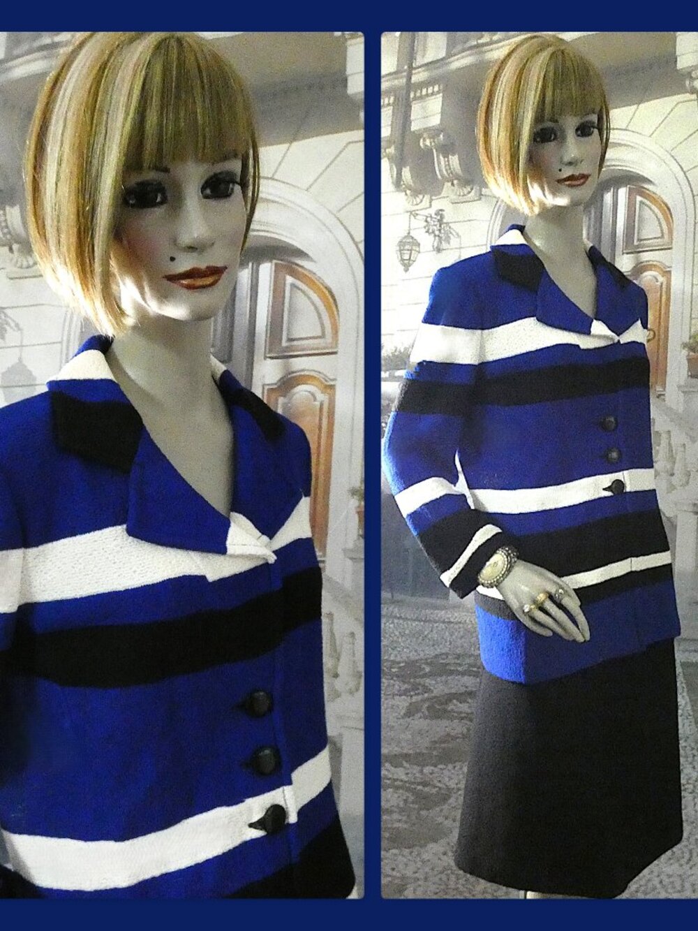 St. John Suit Exclusive for Nordstrom Size 8 Horizontal Stripes Blue Black White